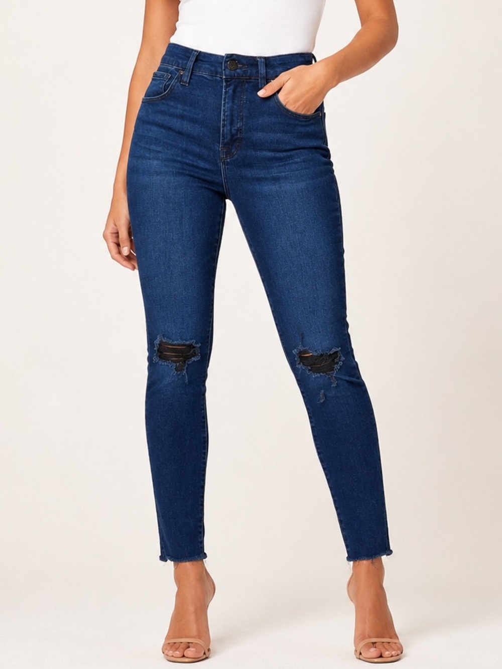 Good American Good Legs Skinny Jeans 6/28 Dark Wash Distressed Raw Hem